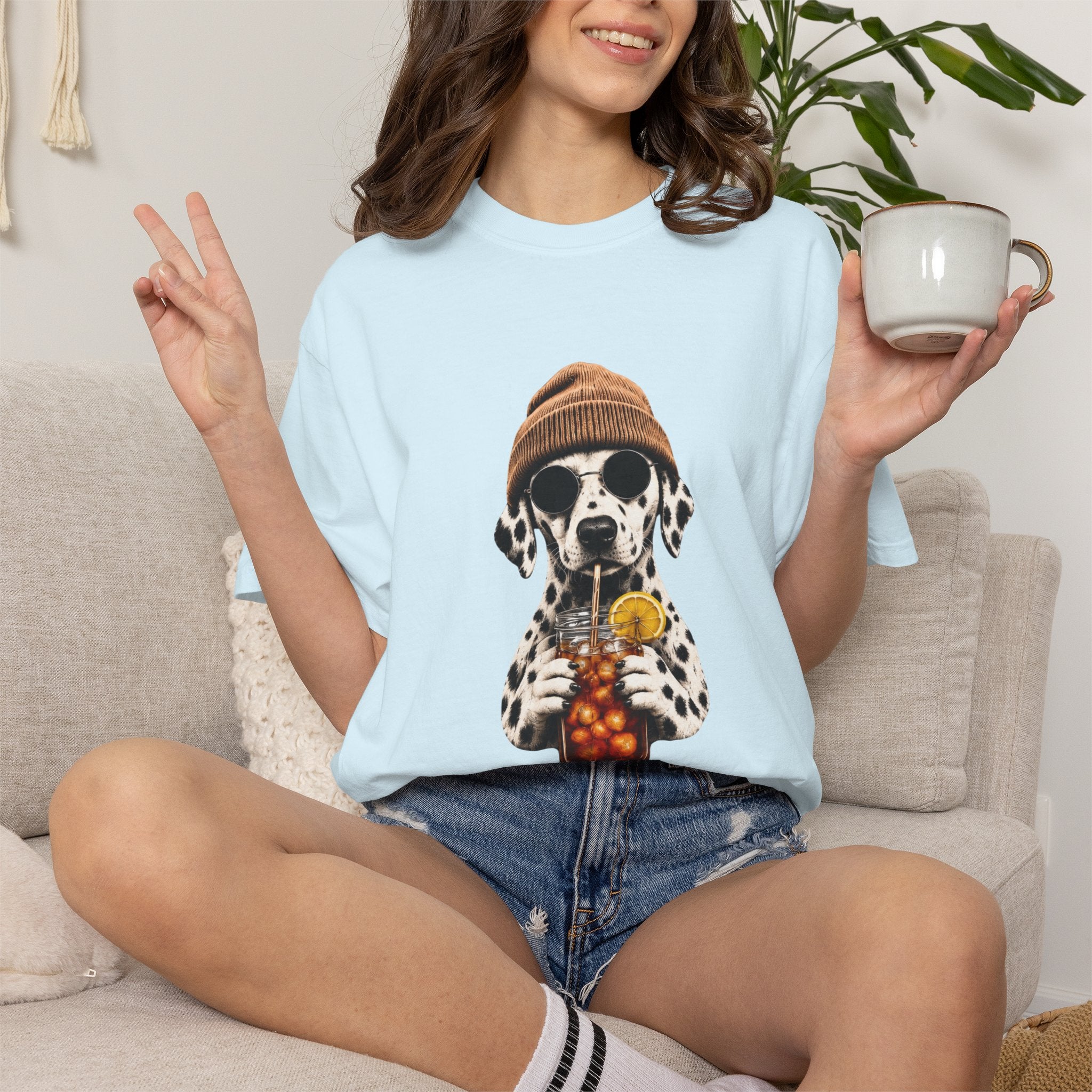 Dalmatian With Bubble Tea T-Shirt — Cute Dog Bubble Tea Graphic Tee Printify