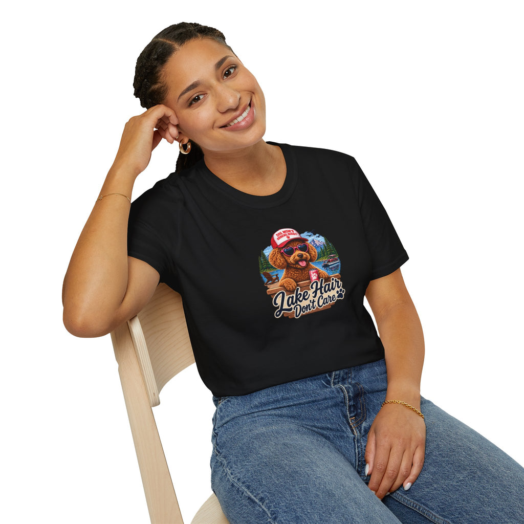 Lake Hair Don't Care T‑Shirt — Cute Dog Lake Vacation Graphic Tee