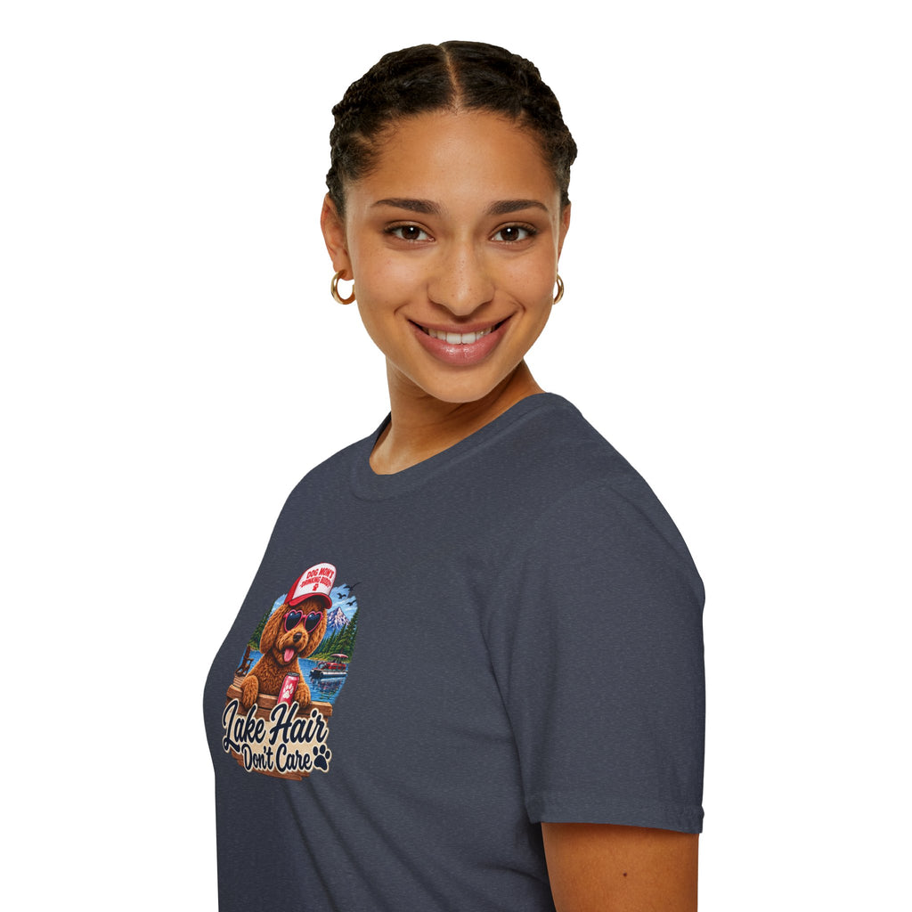 Lake Hair Don't Care T‑Shirt — Cute Dog Lake Vacation Graphic Tee