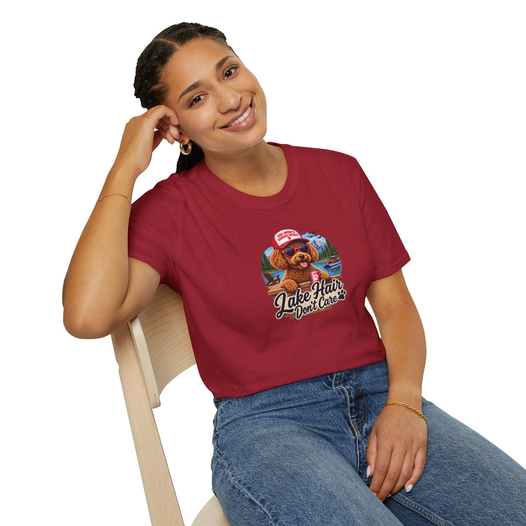 Lake Hair Don't Care T‑Shirt — Cute Dog Lake Vacation Graphic Tee