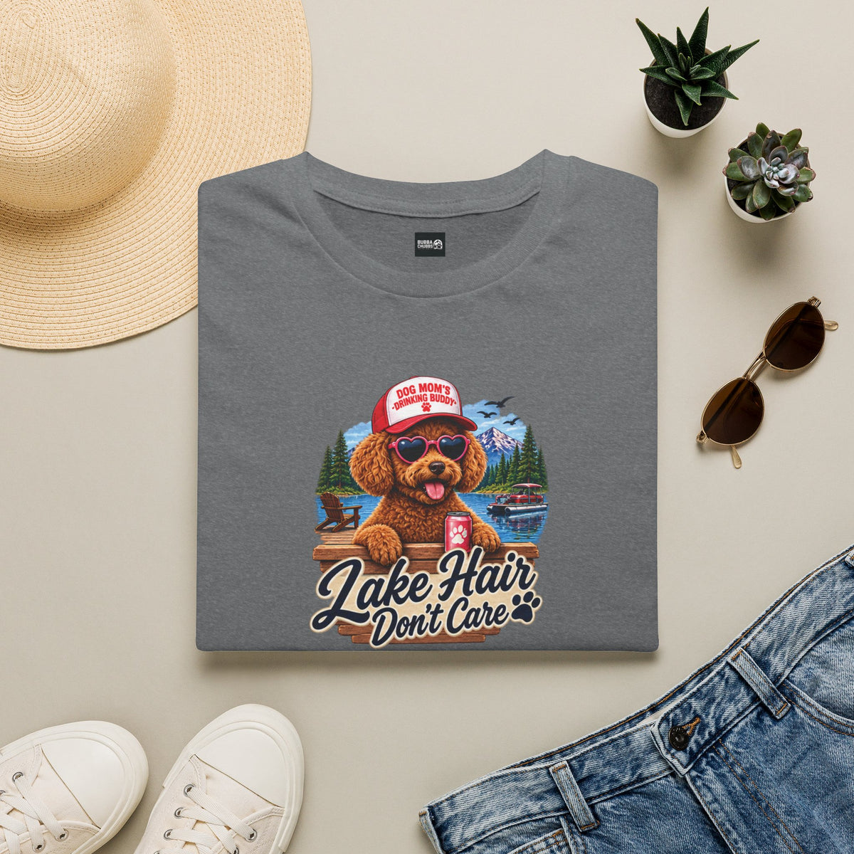 Lake Hair Don't Care T‑Shirt — Cute Dog Lake Vacation Graphic Tee