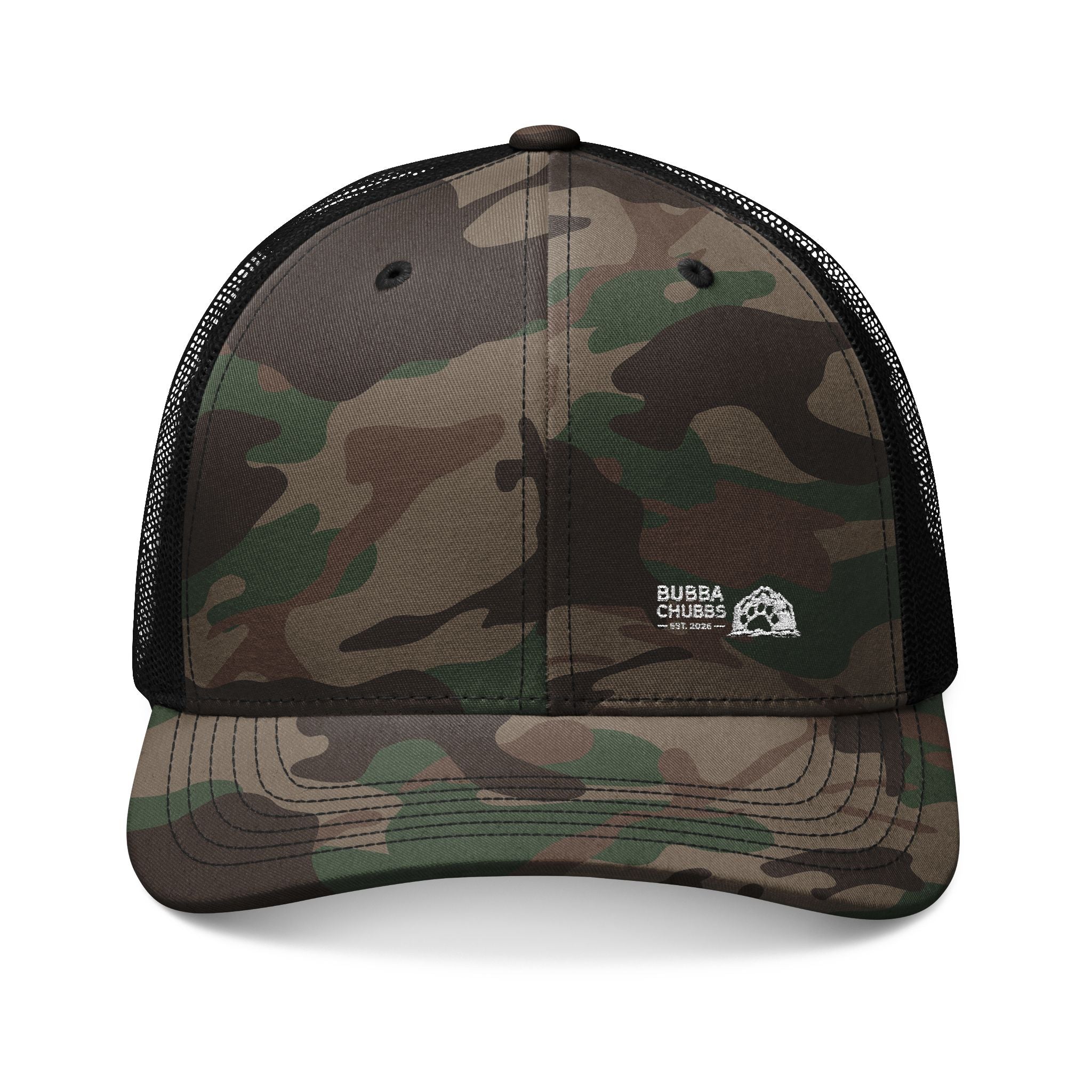 Camo Trucker Hat — Embroidered Woodland Cap for Outdoor & Casual Wear Printify