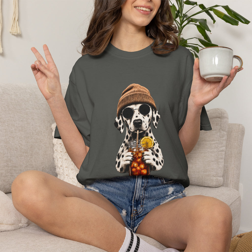 Dalmatian With Bubble Tea T-Shirt — Cute Dog Bubble Tea Graphic Tee Printify