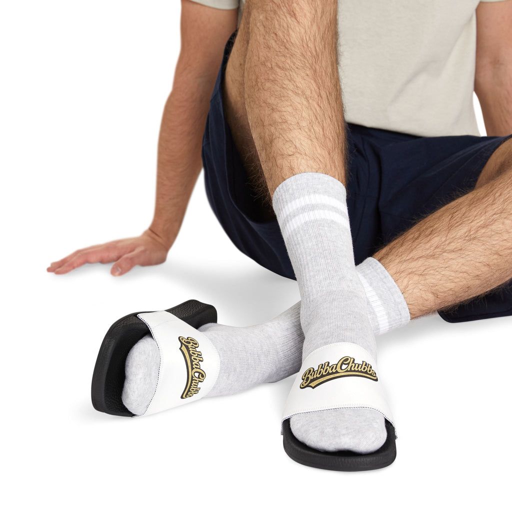 Men's Removable-Strap Slide Sandals — White "Bubba Glubbs" Logo Pool Slides Printify